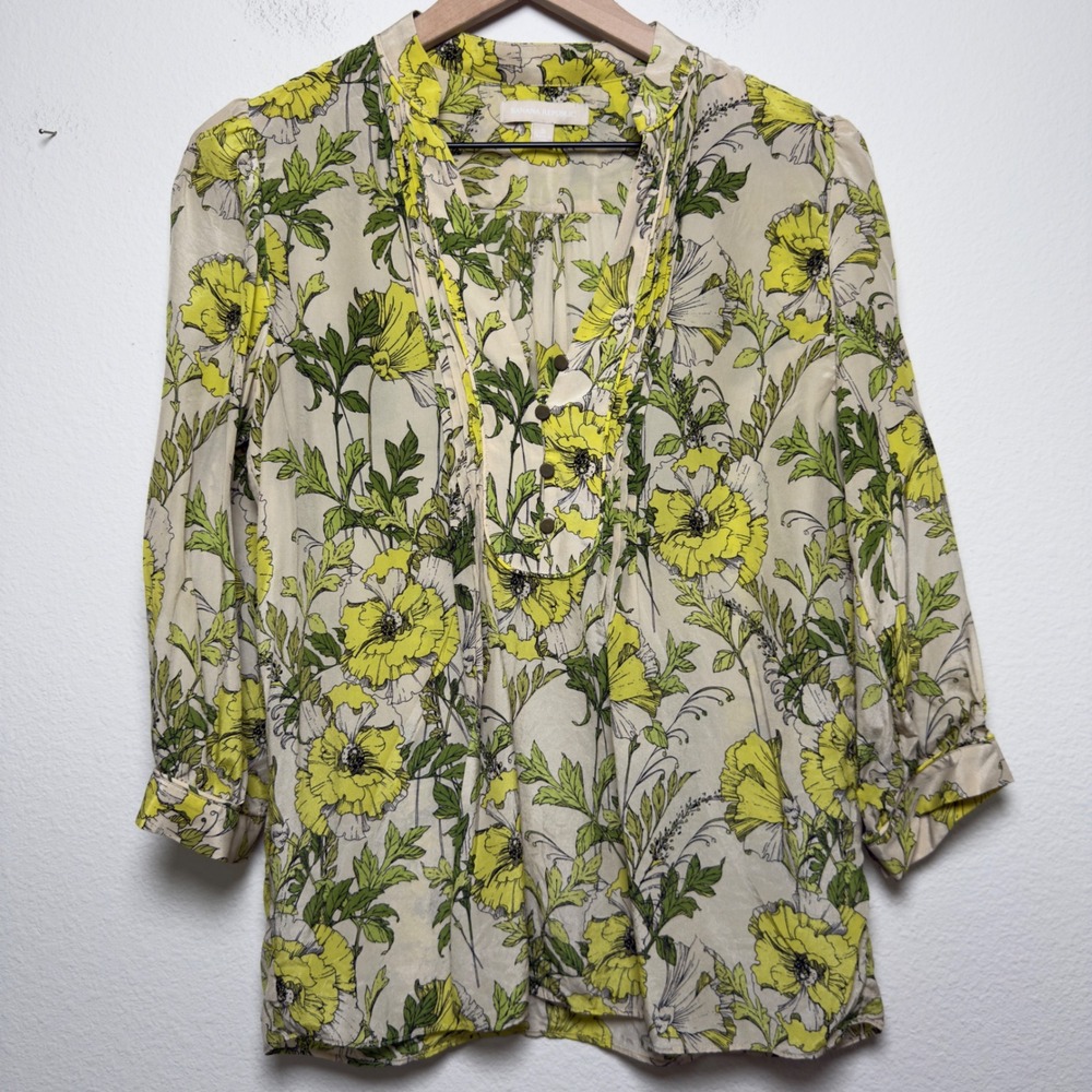 Banana Republic Women 100% Silk Top Small Yellow Floral Botanical 3/4 Sleeve